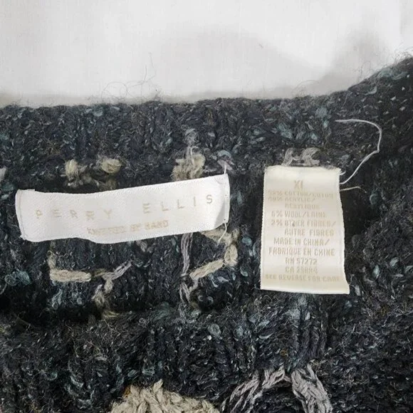 Perry Ellis Sweater Men's XL Gray Vintage Hand Knit 3D Chunky Cable‎ Knitted